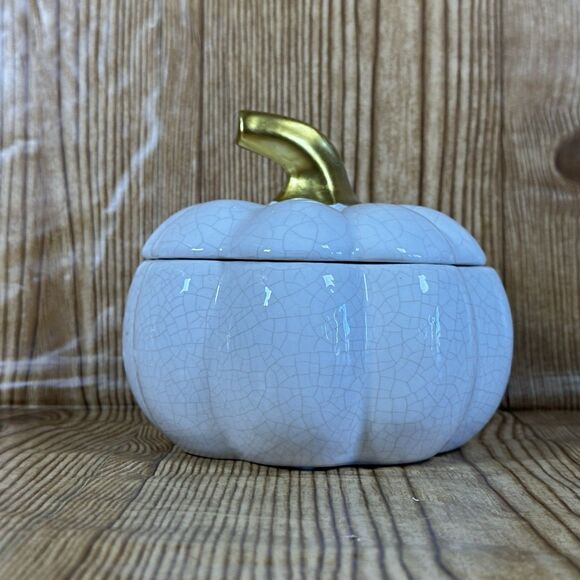 Ceramic Pumpkin Decorative Bowl with Lid White 6” - Picture 3 of 11